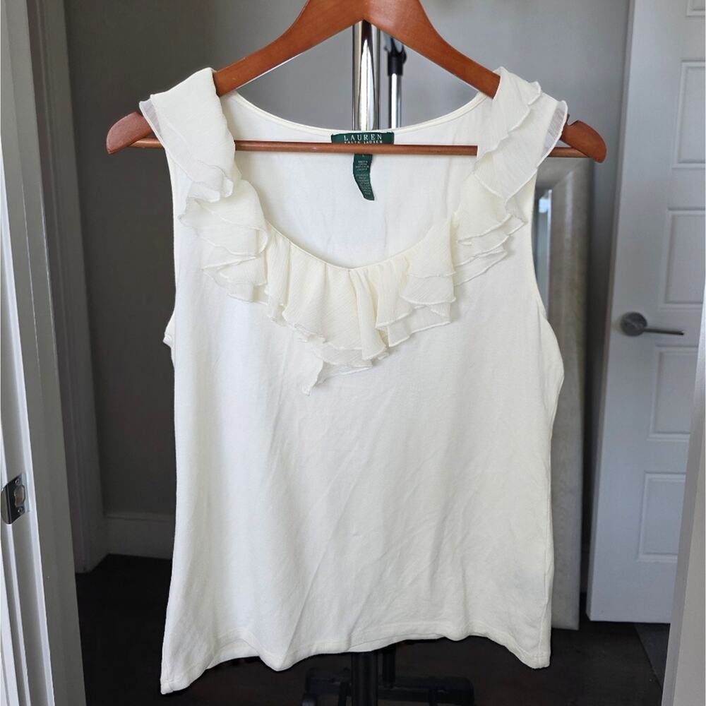Lauren Ralph Lauren Cream Ribbed Top Ruffle Lace Collar Size L